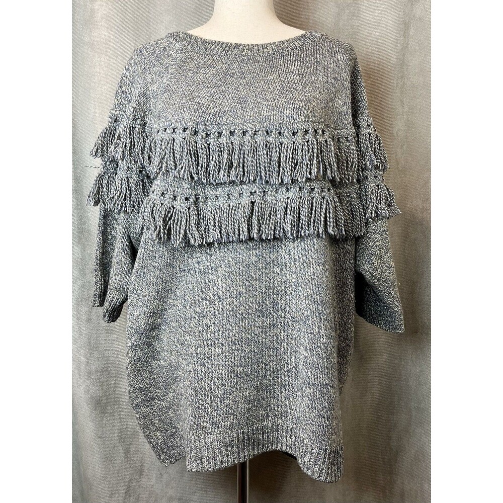 VTG Bonnie Lee Fringe Sweater Wool Blend Gray Marled Boho Slouchy Knit XL–2X